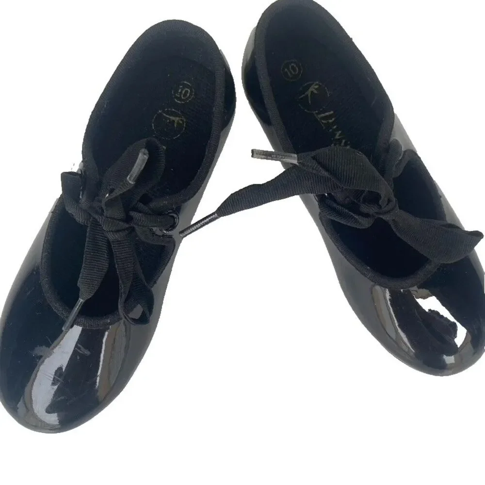 Danskin Freestyle Black Patent Tap Shoes Strap and Bow Tie Close Size 10 Toddler